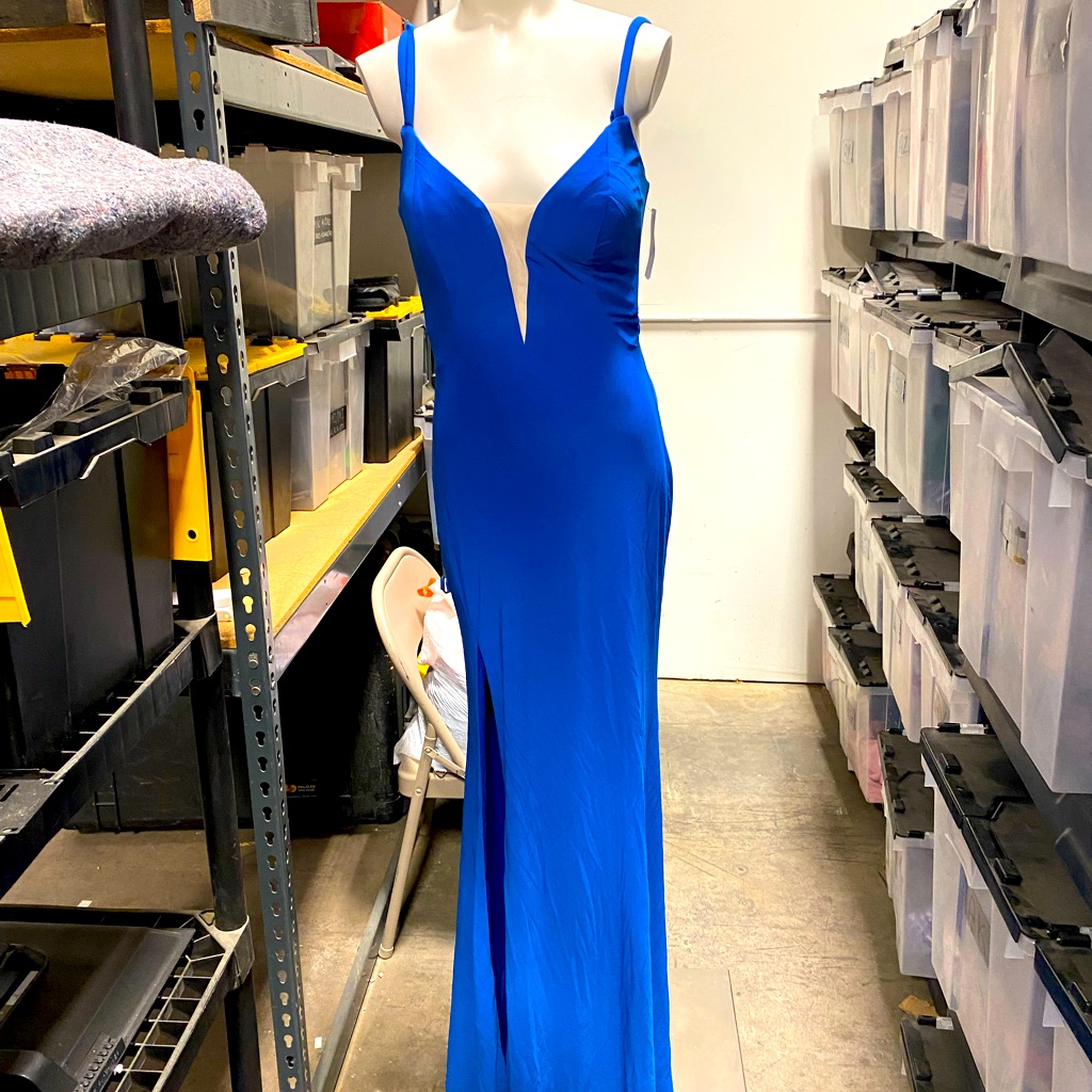 La Femme Plunging Strappy Back High Slit Gown Royal Blue